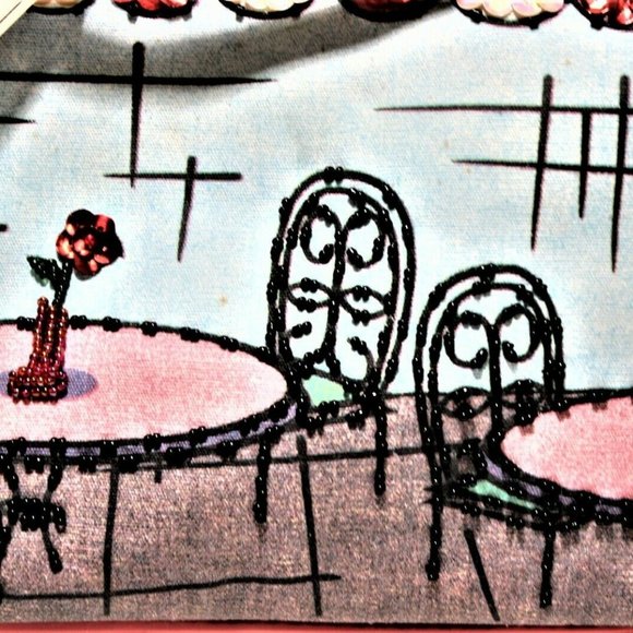 Cafe Print Multi Color Tote Sequence/Wood Handles - Picture 3 of 7